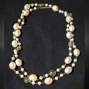 36" Necklace Large Baroque Faux Pearl And Gold Tone Rosettes Chanel Style